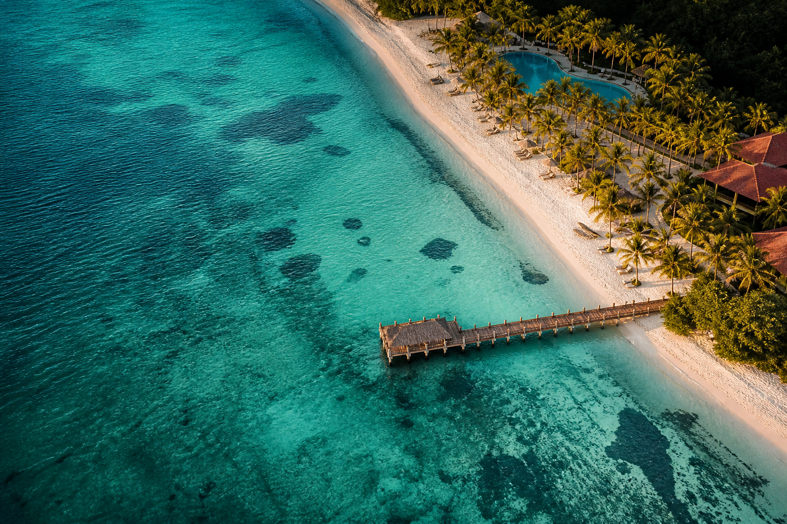 Aerial Bali shoreline with turquoise water and palms